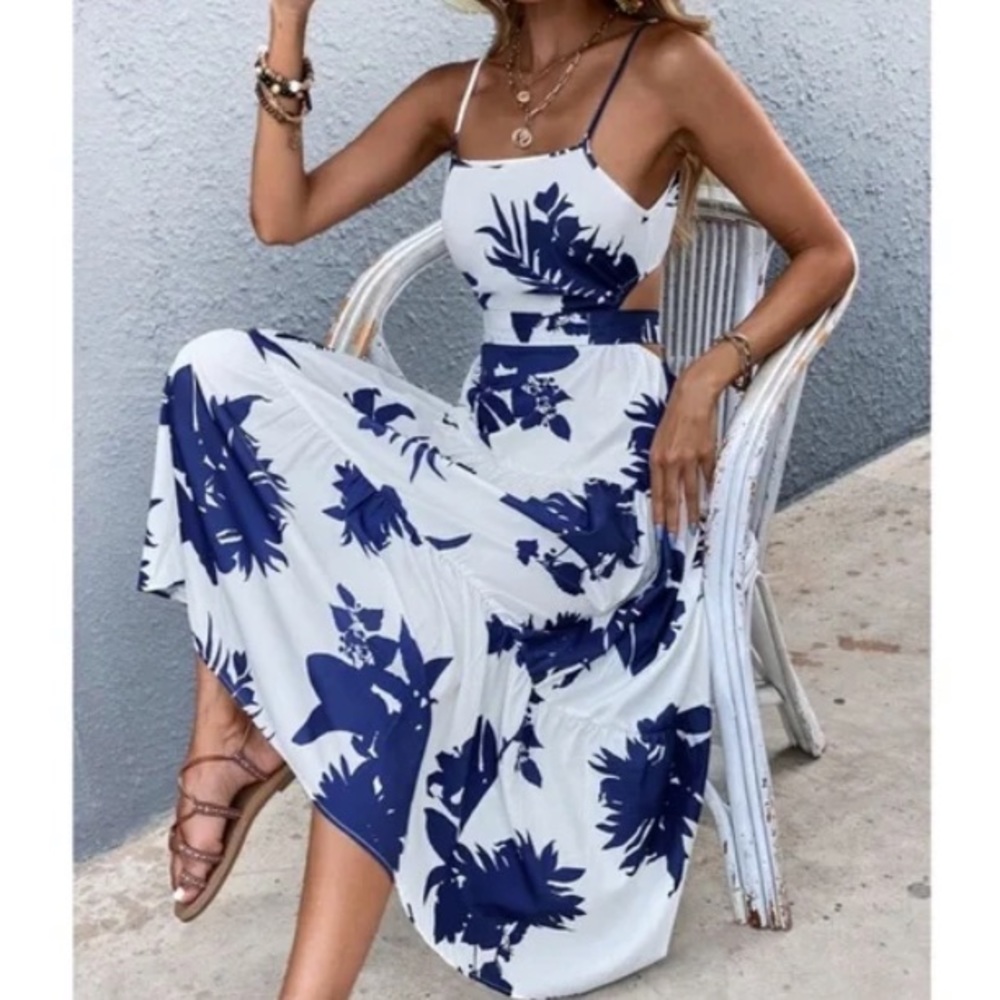 Boho Blue  Floral Tropical Leaves Cut out Cami Ruffle Dress